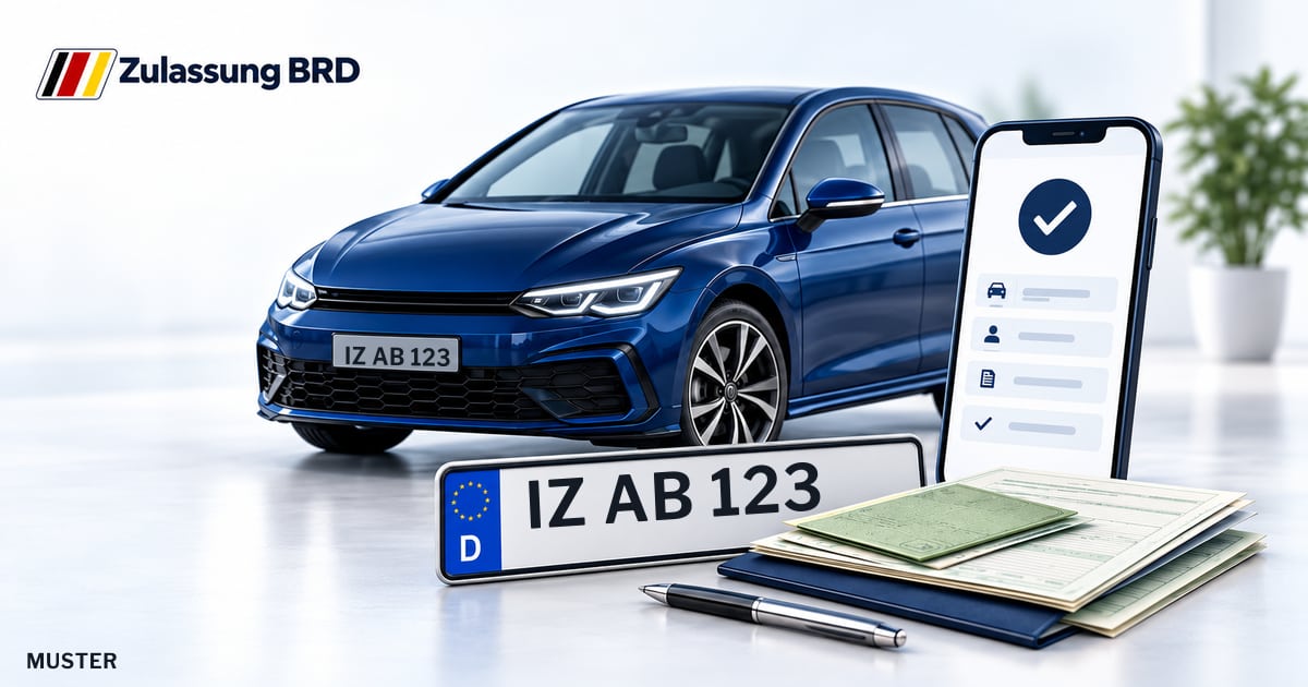 Online Fahrzeugzulassung in Landkreis Steinburg: Musterkennzeichen IZ AB 123, Auto und Fahrzeugpapiere und Smartphone. Illustration mit Logo von Zulassung BRD.